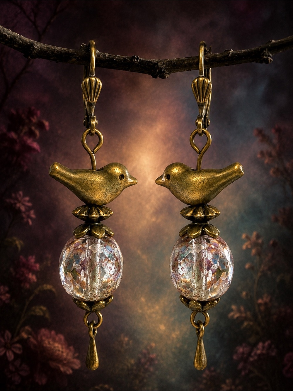 OOAK Czech Glass Bird Earrings, Antique Brass, Premium Leverbacks - Picture 7 of 9